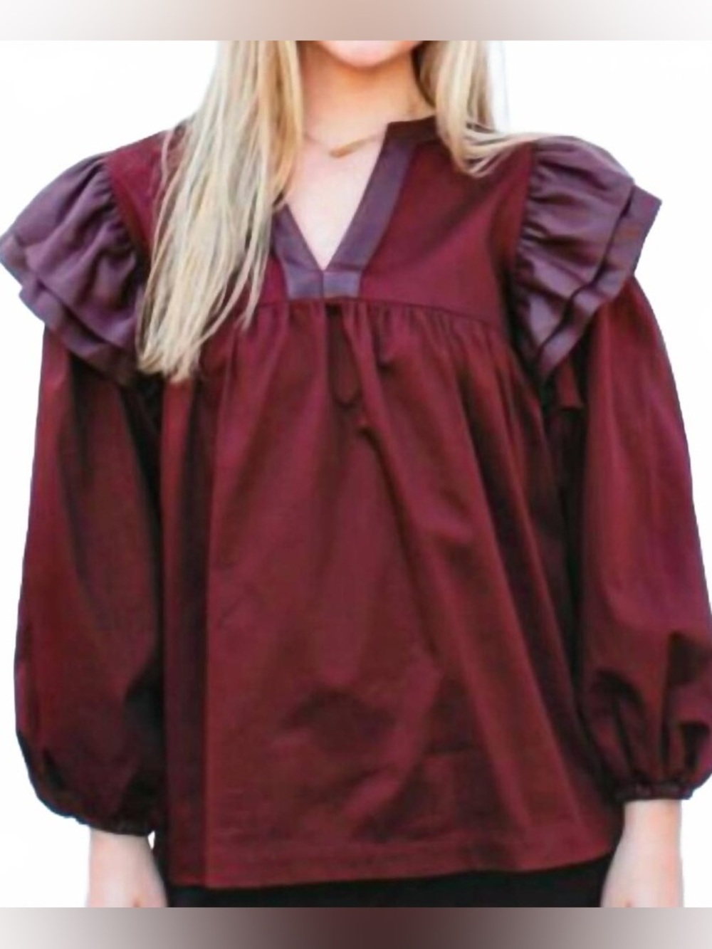 Emily McCarthy Ruffle-Shoulder V-Neck Blouse in Burgundy